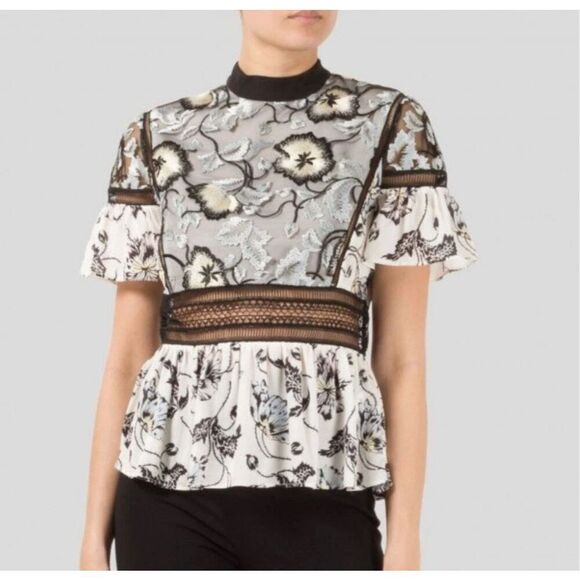 Self-Portrait Lucia Floral Embroidery Ruffle Lace Trim Cocktail Party Blouse 4 - Picture 1 of 11